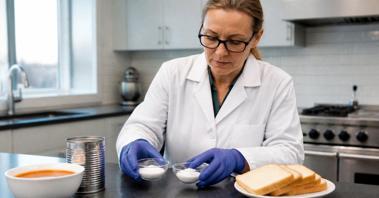 米国のオフィスで米国人の研究者が食品の原材料や規制関連書類を確認している実写写真。